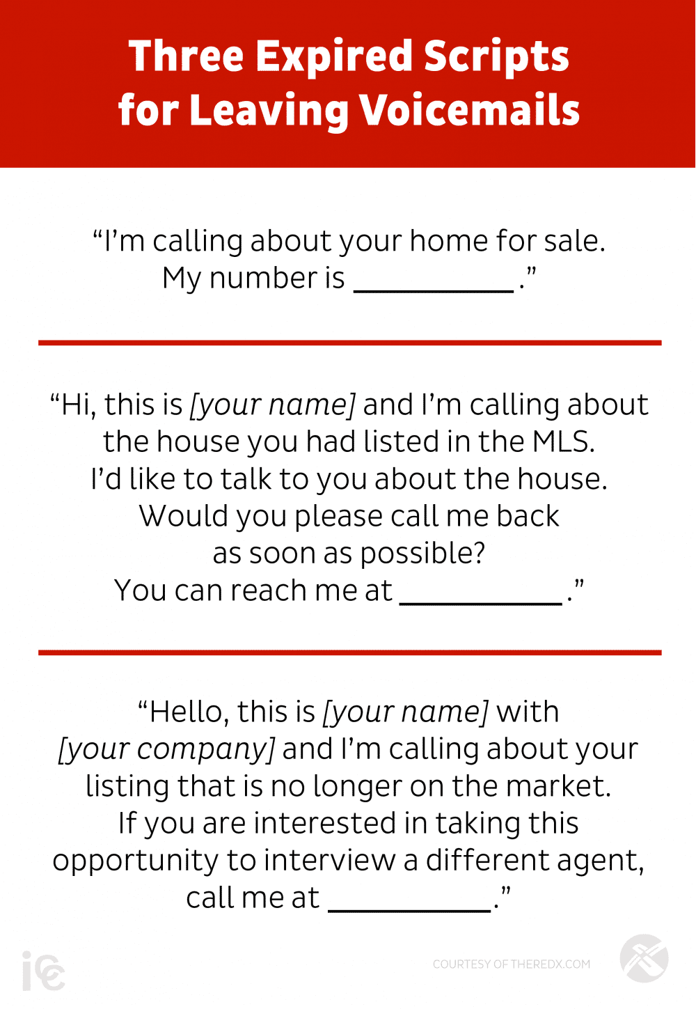 Infographic titled 'Three Expired Scripts for Leaving Voicemails,' providing sample scripts for real estate agents to use when contacting homeowners with expired listings: 1. 'I’m calling about your home for sale. My number is [your number].' 2. 'Hi, this is [your name] and I’m calling about the house you had listed in the MLS. I’d like to talk to you about the house. Would you please call me back as soon as possible? You can reach me at [your number].' 3. 'Hello, this is [your name] with [your company] and I’m calling about your listing that is no longer on the market. If you are interested in taking this opportunity to interview a different agent, call me at [your number].' The infographic includes text and color-coded sections, emphasizing a clear and structured approach to leaving voicemails. It is courtesy of theredx.com.