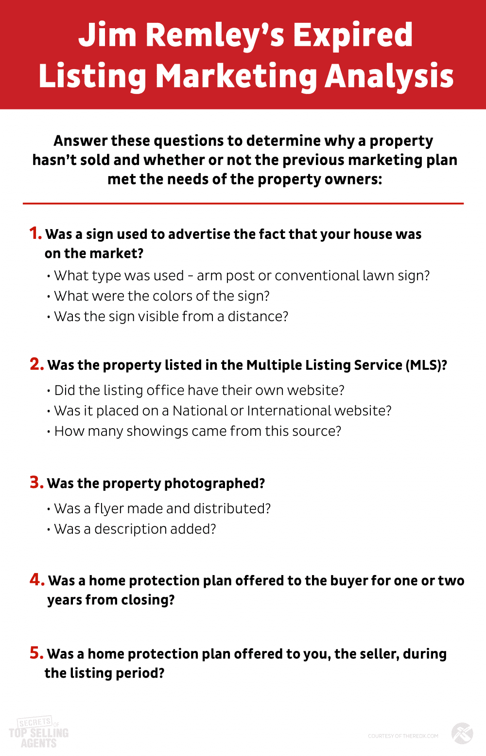 Infographic titled 'Jim Remley’s Expired Listing Marketing Analysis,' providing questions to help determine why a property hasn’t sold and whether the previous marketing plan met the needs of the property owners. 1. Was a sign used to advertise the fact that your house was on the market? - What type was used - arm post or conventional lawn sign? - What were the colors of the sign? - Was the sign visible from a distance? 2. Was the property listed in the Multiple Listing Service (MLS)? - Did the listing office have their own website? - Was it placed on a National or International website? - How many showings came from this source? 3. Was the property photographed? - Was a flyer made and distributed? - Was a description added? 4. Was a home protection plan offered to the buyer for one or two years from closing? 5. Was a home protection plan offered to you, the seller, during the listing period? The infographic includes detailed questions and prompts for a comprehensive marketing analysis and is courtesy of theredx.com.