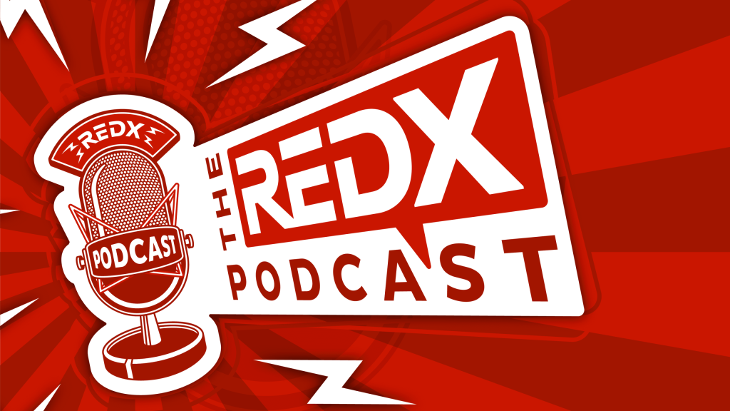 The REDX Podcast logo featuring a white microphone with a red lightning bolt accent, stylized text in bold white letters against a red background with white lightning bolts in the corners.