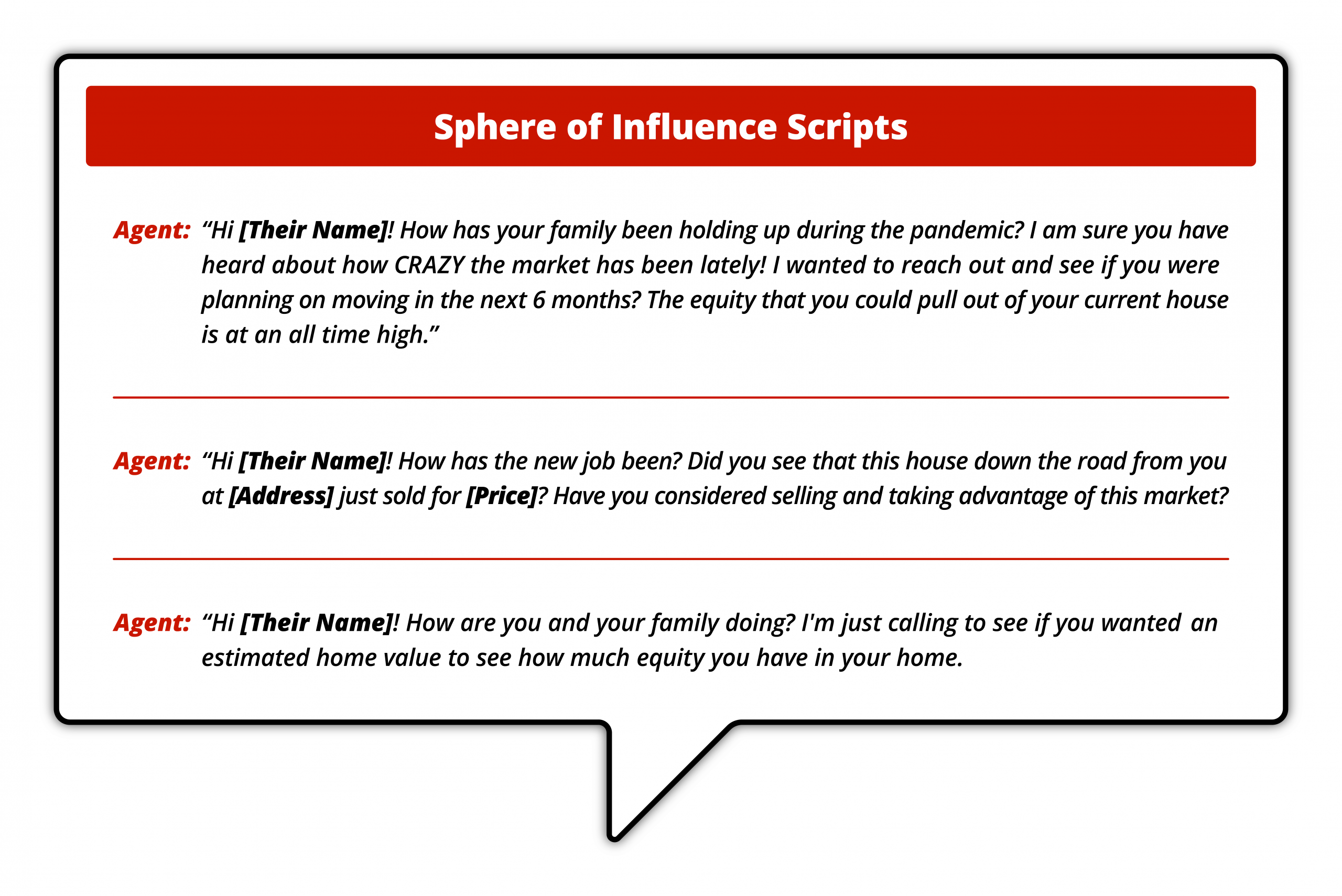 "Infographic titled 'Sphere of Influence Scripts,' showing three scripts for agents to engage with homeowners about the market, new job, recent sales, and home equity."