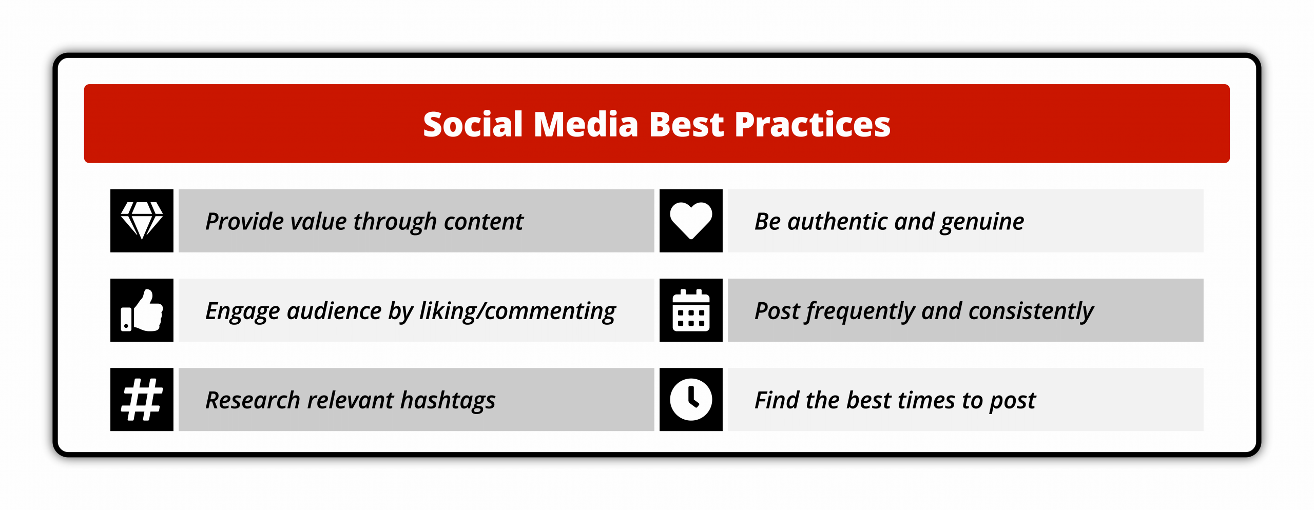 "Infographic titled 'Social Media Best Practices,' listing tips such as providing valuable content, being authentic, engaging with the audience, posting consistently, researching hashtags, and finding optimal posting times."