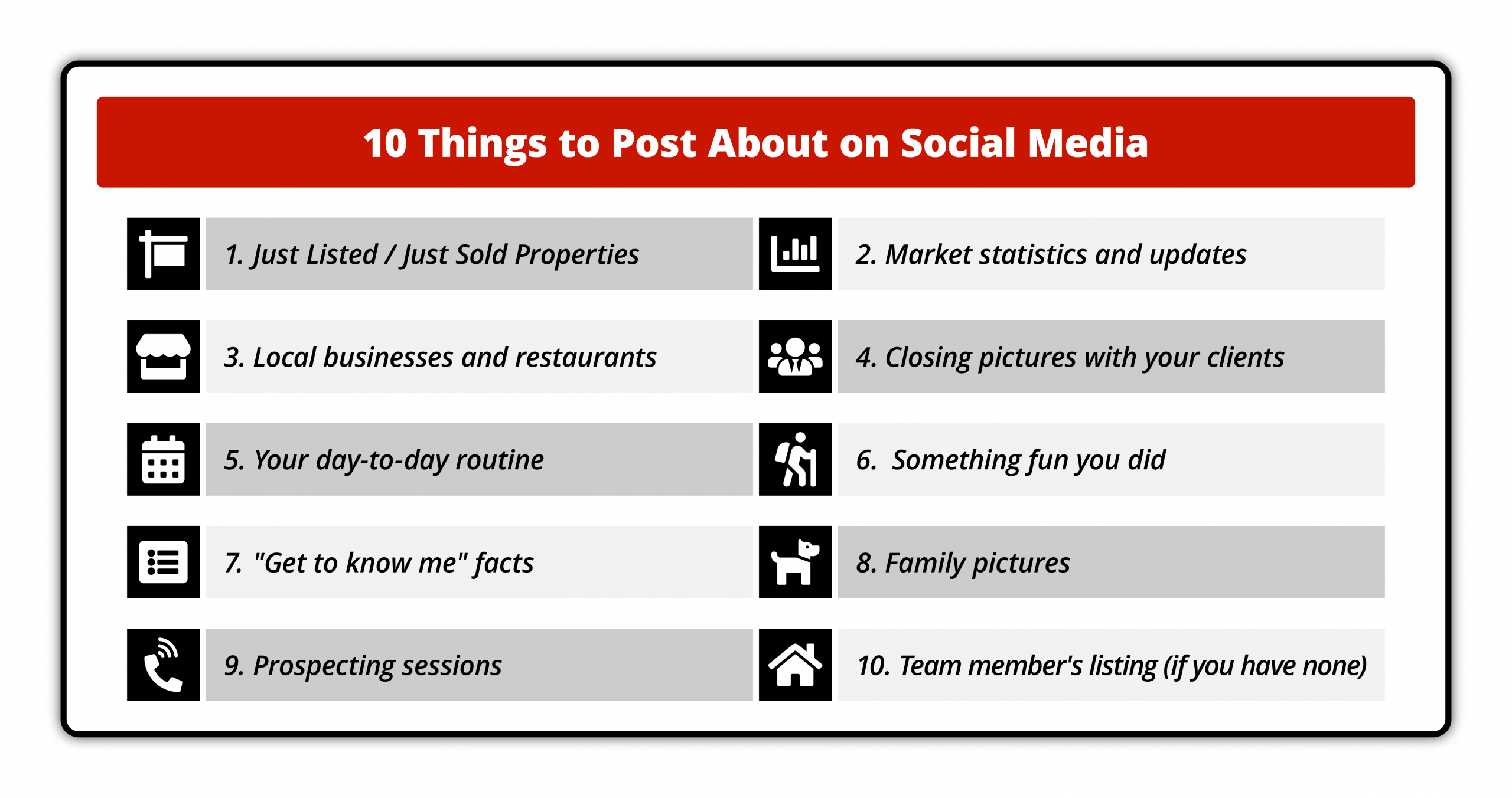 "Infographic titled '10 Things to Post About on Social Media,' listing various topics such as new listings, market updates, local businesses, client photos, and personal activities."