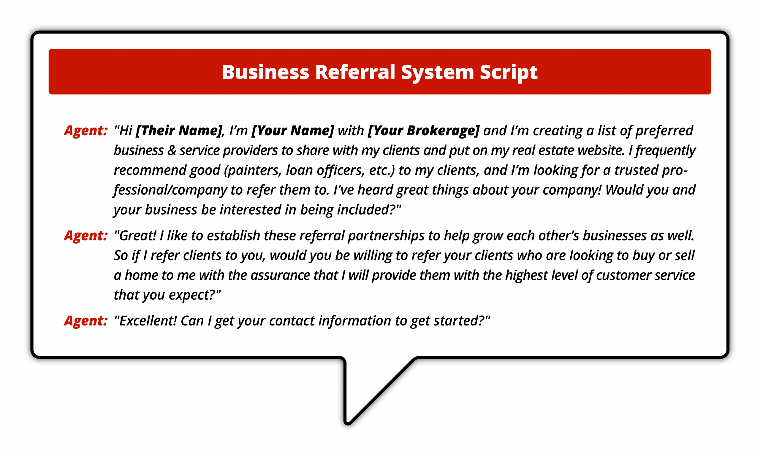 "Infographic titled 'Business Referral System Script,' featuring a conversation where an agent seeks to establish a referral partnership with a business to mutually benefit each other's clients."