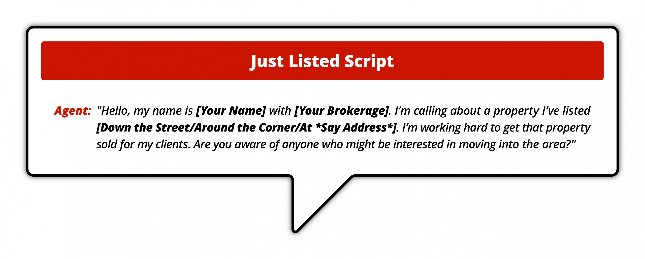 "Infographic titled 'Just Listed Script,' showing a conversation where an agent informs a contact about a newly listed property and asks if they know anyone interested in moving to the area."