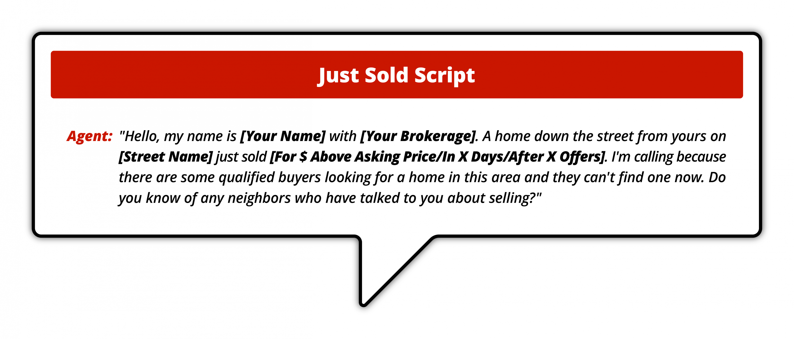 "Infographic titled 'Just Sold Script,' showing a conversation where an agent informs a contact about a recently sold property and asks if they know any neighbors considering selling."