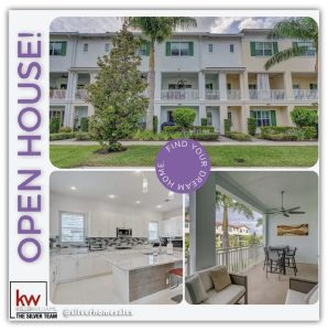  Image of a real estate listing. Top left corner reads "OPEN HOUSE!" in large font. Image collage shows the exterior of a modern townhouse, a kitchen, and a patio with outdoor furniture. Text "FIND YOUR DREAM HOME" is superimposed on the image. KW Keller Williams logo in bottom left corner.