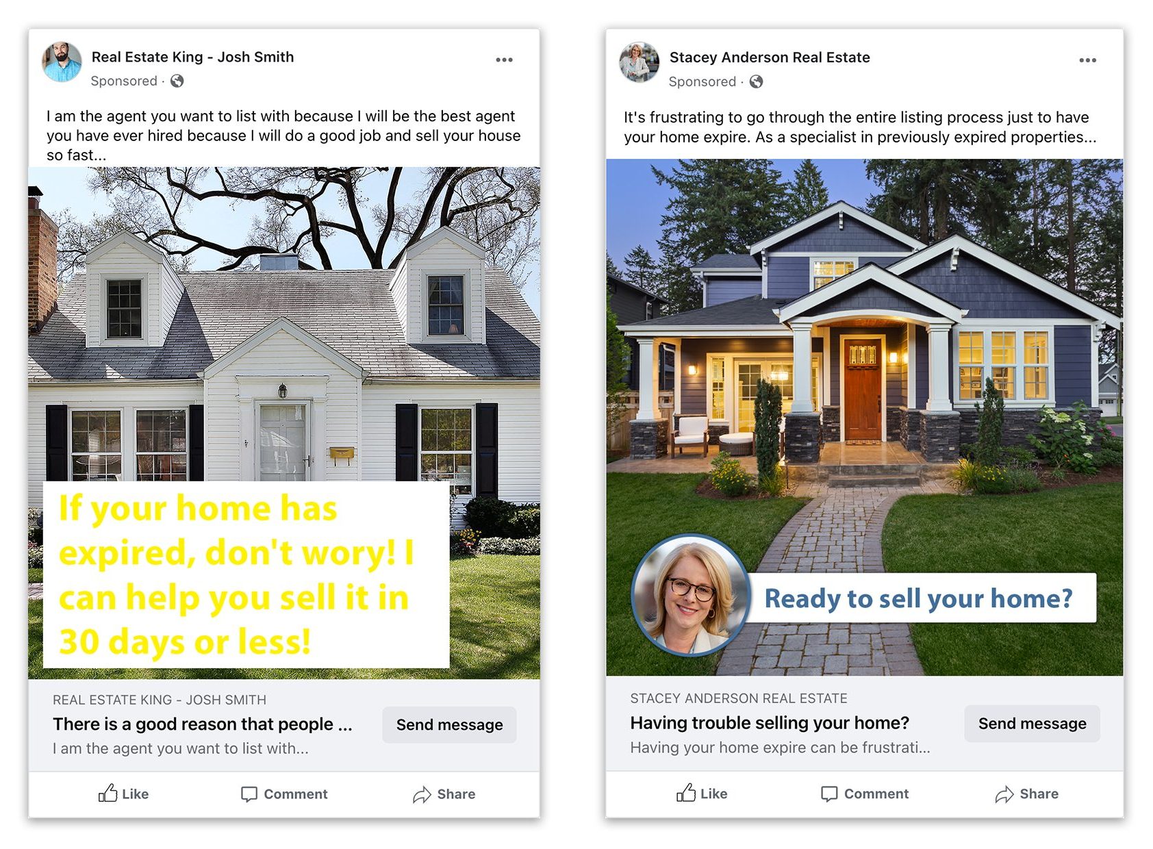 bad Versus Good social media ads example. bad practice is unreadable and long text on social media, good example is simple"Ready to sell your home" with easy to read text and a realtor face.