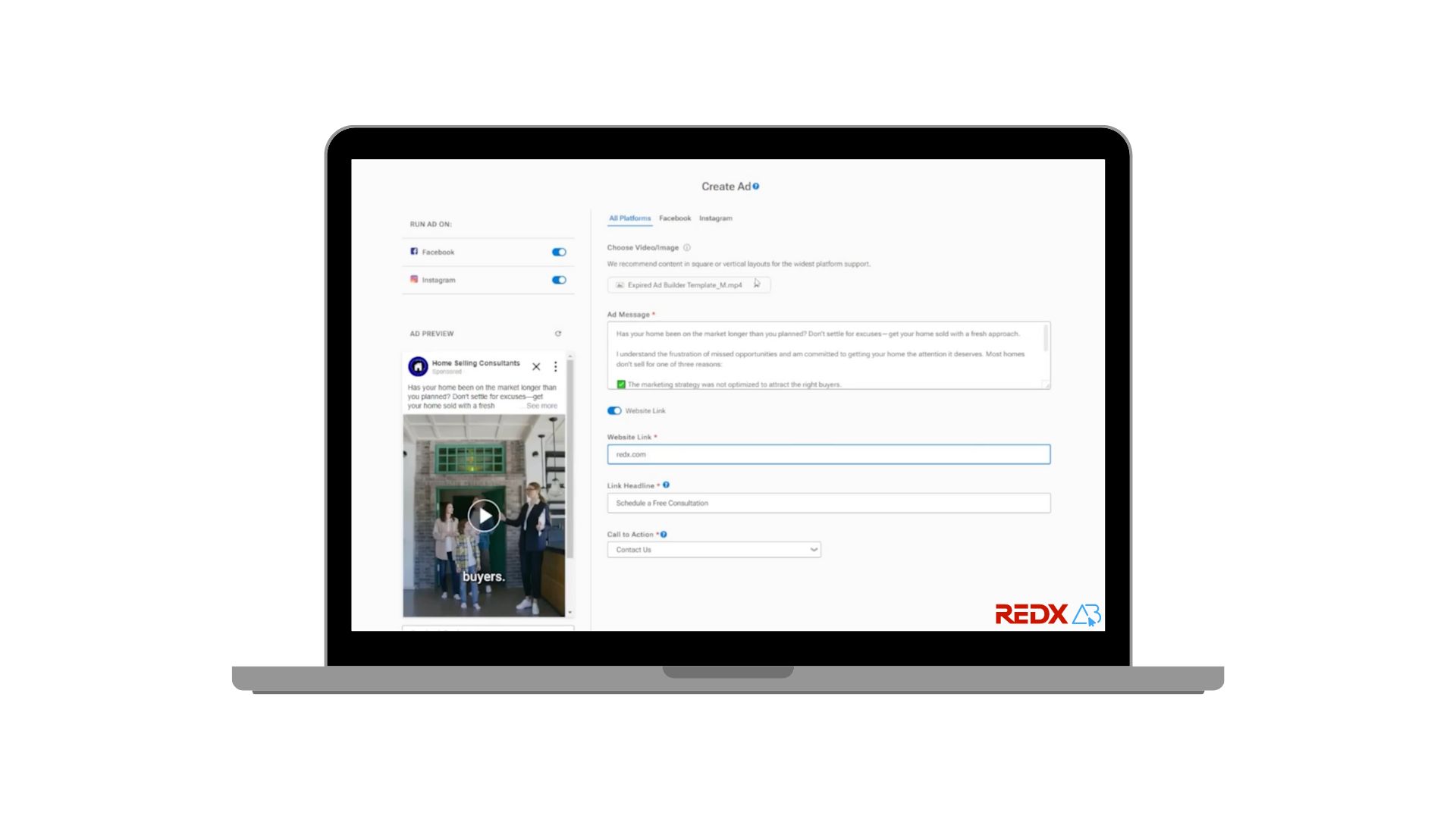 laptop Showing REDX Ad Builder on Screen Building Real Estate Social media Ads
